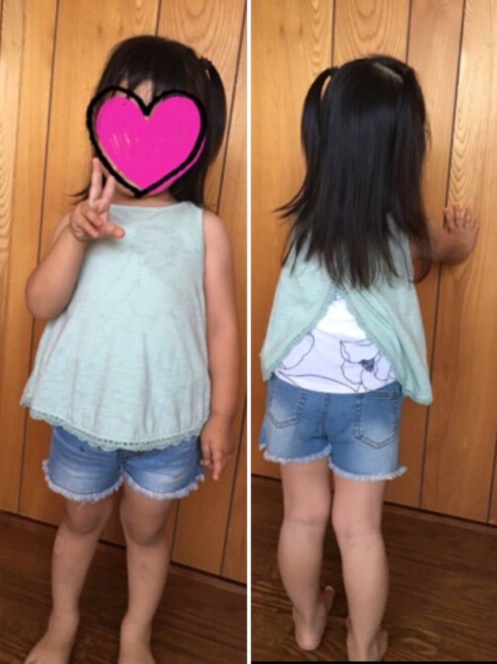 「2歳、おんなのこ、夏コーデ、1年前、記録用、連投すみません、オールドネイビー、後ろが可愛いデザイン、グローバルワーク(GLOBAL WORK)、デニムシヨートパンツ」｜「OLD NAVYのアイテム（タンクトップ、グリーン系）」を使った、minaton☺︎Kidsさん（キッズ・90cm）の夏コーディネートの1枚目の写真
