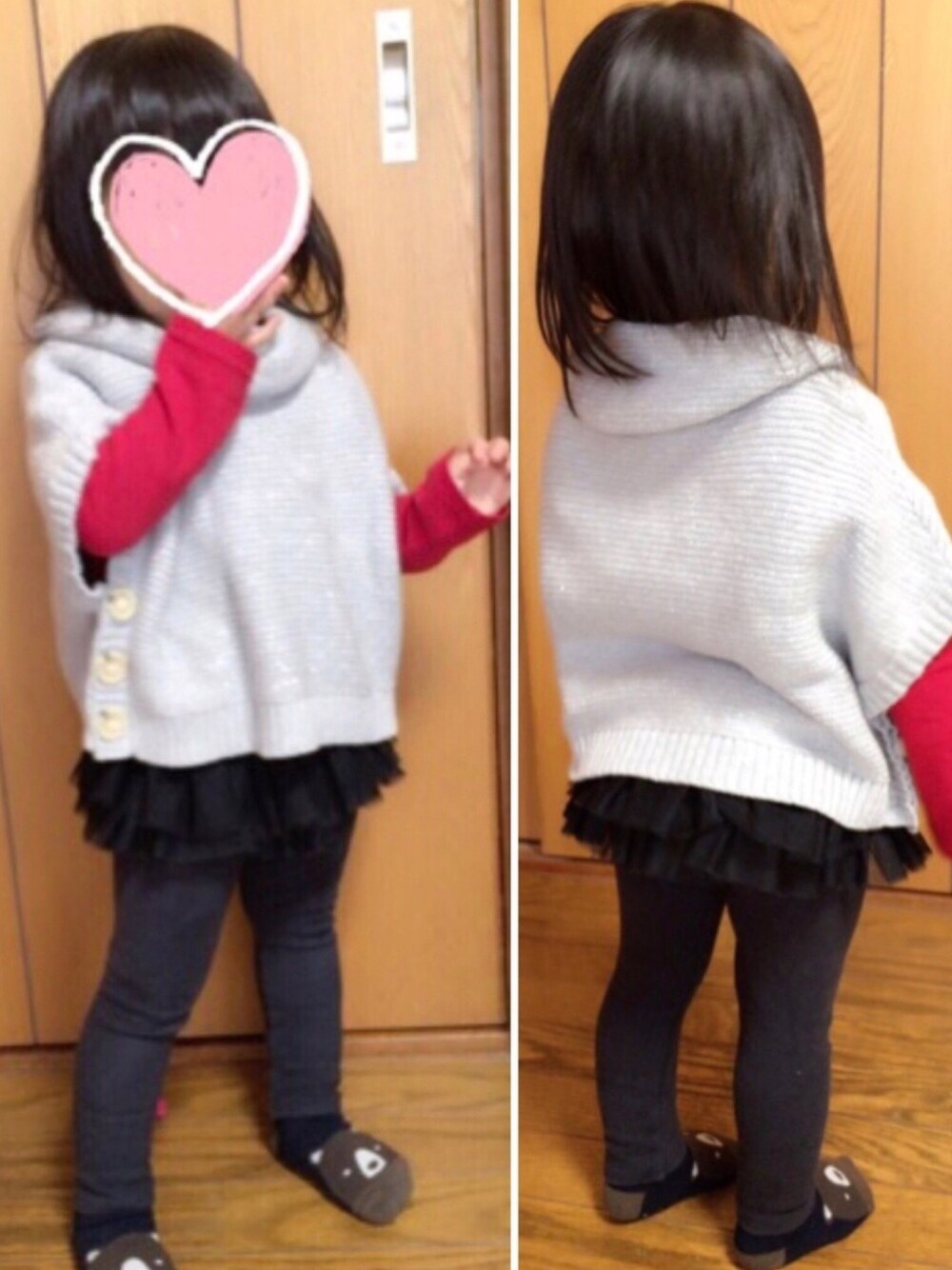 「おんなのこ、2歳、記録用、連投すみません、韓国子供服、オールドネイビー、ポンチョ」｜「OLD NAVYのアイテム（ポンチョ、シルバー系）」を使った、minaton☺︎Kidsさん（キッズ・90cm）の秋コーディネートの1枚目の写真