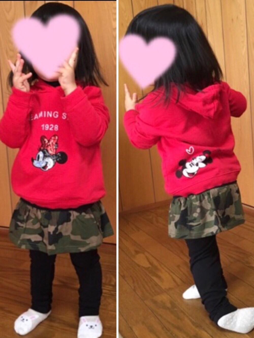 「おんなのこ、2歳、記録用、連投すみません、韓国子供服、スカッツ、迷彩、ザラベビー、パーカー」｜「ZARA KIDSのアイテム（パーカー、レッド系）」を使った、minaton☺︎Kidsさん（キッズ・90cm）の秋コーディネートの1枚目の写真