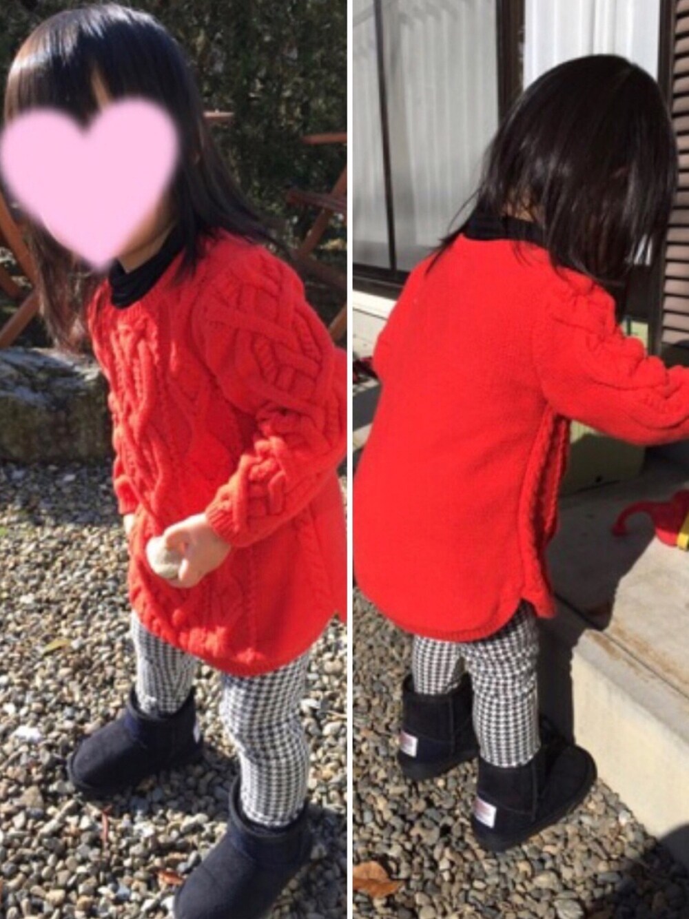 「おんなのこ、2歳、記録用、連投すみません、ギャップベビー、UNIQLO、ハリスツイード×しまむら、ムートンブーツ」｜「babyGAPのアイテム（ニット/セーター、レッド系）」を使った、minaton☺︎Kidsさん（キッズ・90cm）の秋コーディネートの1枚目の写真