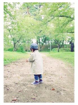 「無印良品（ムジルシリョウヒン）のアイテム（ステンカラーコート）」を使った、akachanさん（キッズ・80cm）の秋コーディネート