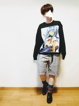 「ボーダーソックス」｜「アイテム（スウェット）」を使った、マカさん（レディース・158cm）の秋コーディネート