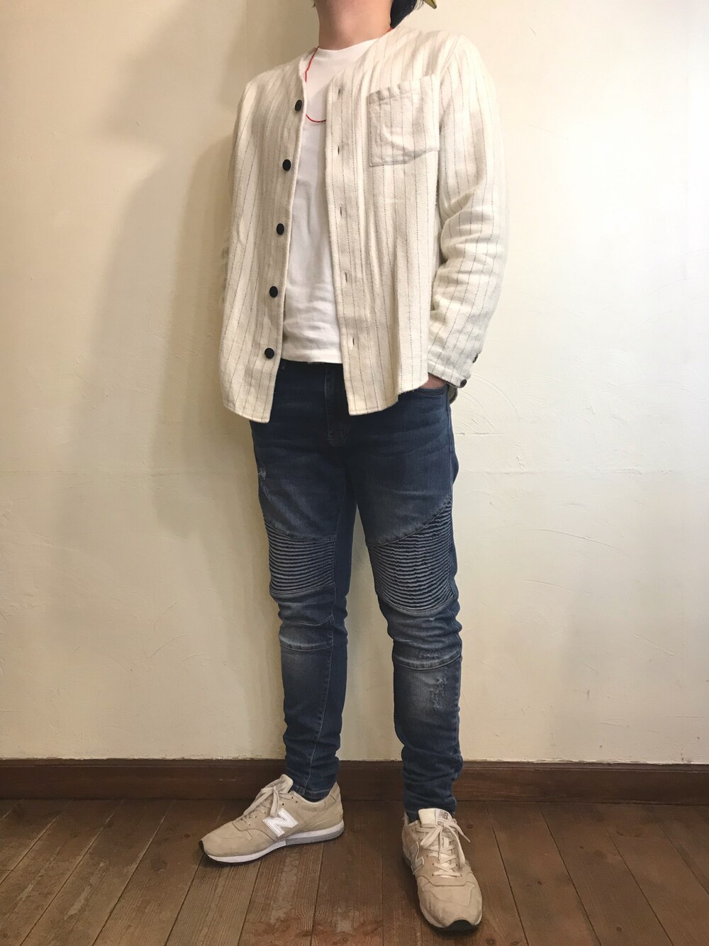 「今日のコーデ、ブルーワーク、ニューバランス996」｜「BLUE WORKの BLUE WORK コットンウール ベースボールシャツ（シャツ/ブラウス、ホワイト系）」を使った、MUGENさん（メンズ・173cm）の冬コーディネートの1枚目の写真