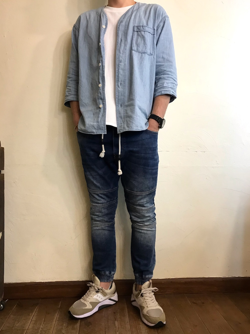 「今日のコーデ、ライトブルー、サッカニー、GLOBAL WORK、ZARA」｜「GLOBAL WORKのデニムシャツカーデ7分袖/738526（シャツ/ブラウス、ブルー系）」を使った、MUGENさん（メンズ・173cm）の夏コーディネートの1枚目の写真