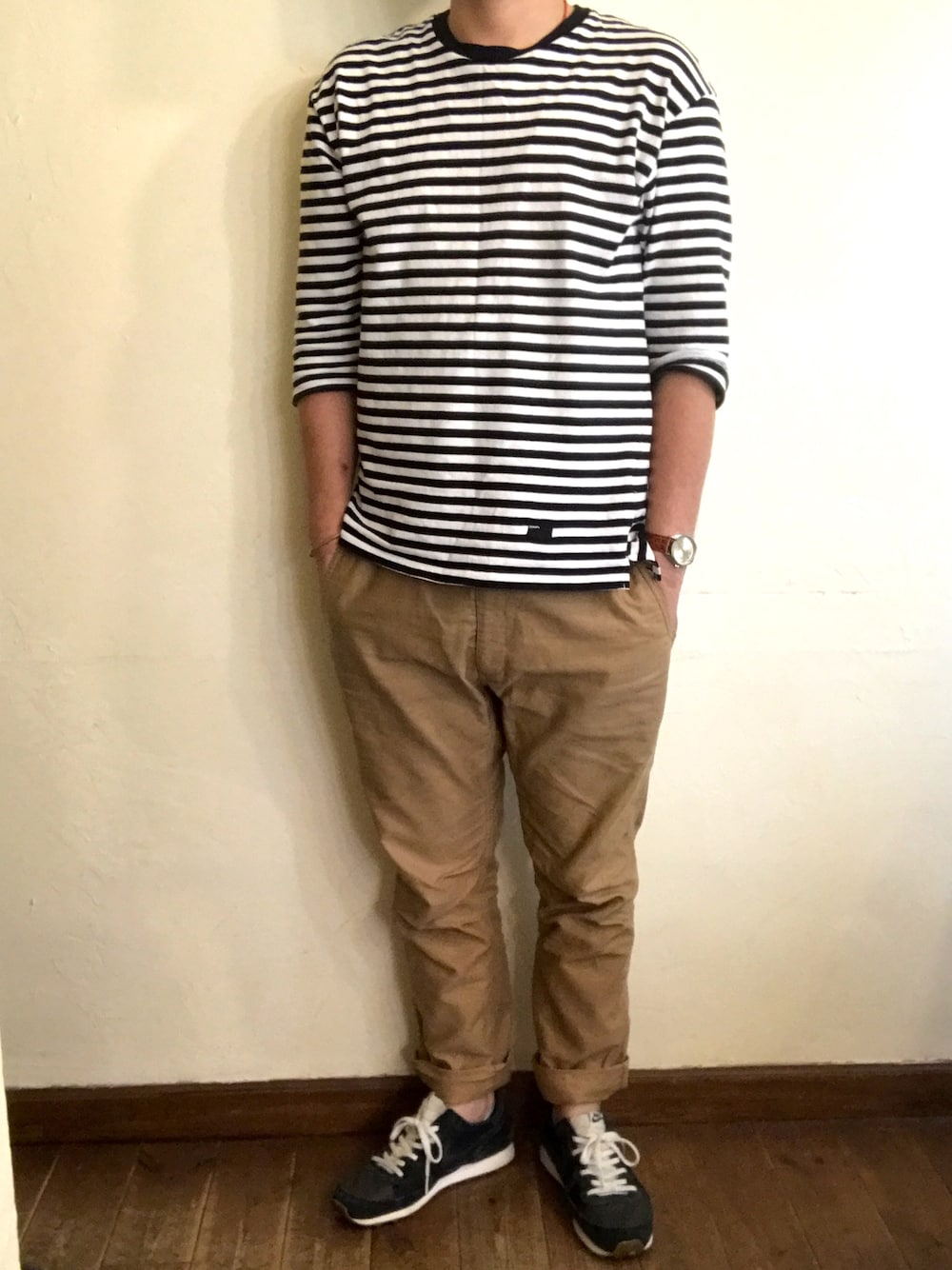 「今日のコーデ、nike challenger、グローバルワーク(GLOBAL WORK)、チープCASIO、ボーダートップス」｜「INHERITのアイテム（Tシャツ/カットソー、ブラック系）」を使った、MUGENさん（メンズ・173cm）の秋コーディネートの1枚目の写真