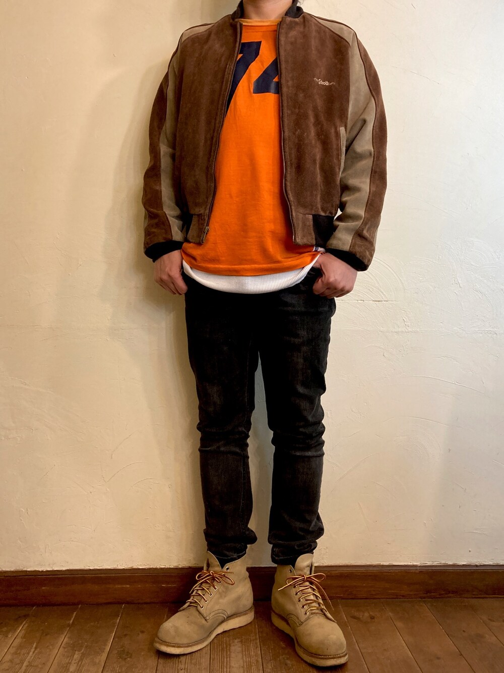 「年末WEAR感謝祭、レッドウィング、ショット、チャンピオン、H&M、今日のコーデ、冬コーデ、カジュアル」｜「schottのアイテム（ジャケット/アウター、ブラウン系）」を使った、MUGENさん（メンズ・173cm）の冬コーディネートの1枚目の写真