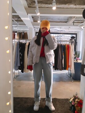 「red」｜「アイテム（ダウンジャケット/コート）」を使った、YeonLeeさん（レディース・163cm）の冬コーディネート