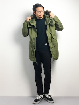 「白ソックス」｜「アイテム（モッズコート）」を使った、K-1RO(ケーイチロー)さん（メンズ・171cm）の冬コーディネート
