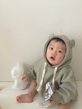 「アイテム（ロンパース、グリーン系）」を使った、𝘩𝘪𝘯𝘢𝘵𝘢🌦さん（キッズ・70cm）の夏コーディネート
