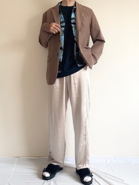 「サテンパンツ」｜「アイテム（ジャケット/アウター）」を使った、やたわたさん（メンズ・175cm）の春コーディネート