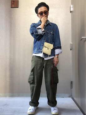 「オリーブ」｜「アイテム（デニムジャケット）」を使った、ソメさん（メンズ・165cm）の秋コーディネート