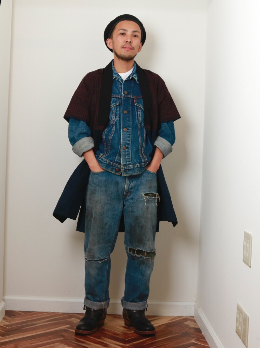 「visvim、作務衣、着物、和服、ビンテージ、リーバイス、デニム、藍染め、ネイビー、大人カジュアル」｜「Levi'sのアイテム（デニムパンツ、ブルー系）」を使った、ソメさん（メンズ・165cm）の秋コーディネートの1枚目の写真