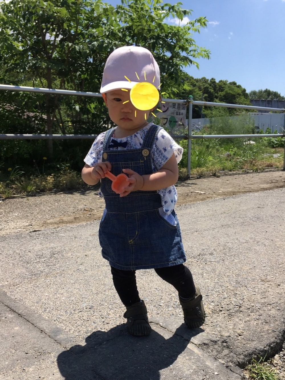 「1歳、一歳、1歳5ヶ月、女の子、集まれ！北関東キッズ★、西松屋」｜「H&Mのアイテム（キャップ、ピンク系）」を使った、aob373728さん（キッズ・80cm）の春コーディネートの1枚目の写真