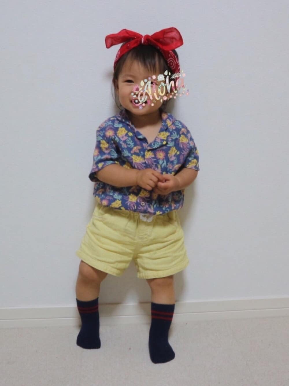 「一歳、1歳、一歳半、1歳6ヶ月、女の子、アロハシャツ」｜「ZARA（古着）のアイテム（シャツ/ブラウス、ブルー系）」を使った、aob373728さん（キッズ・80cm）の夏コーディネートの1枚目の写真