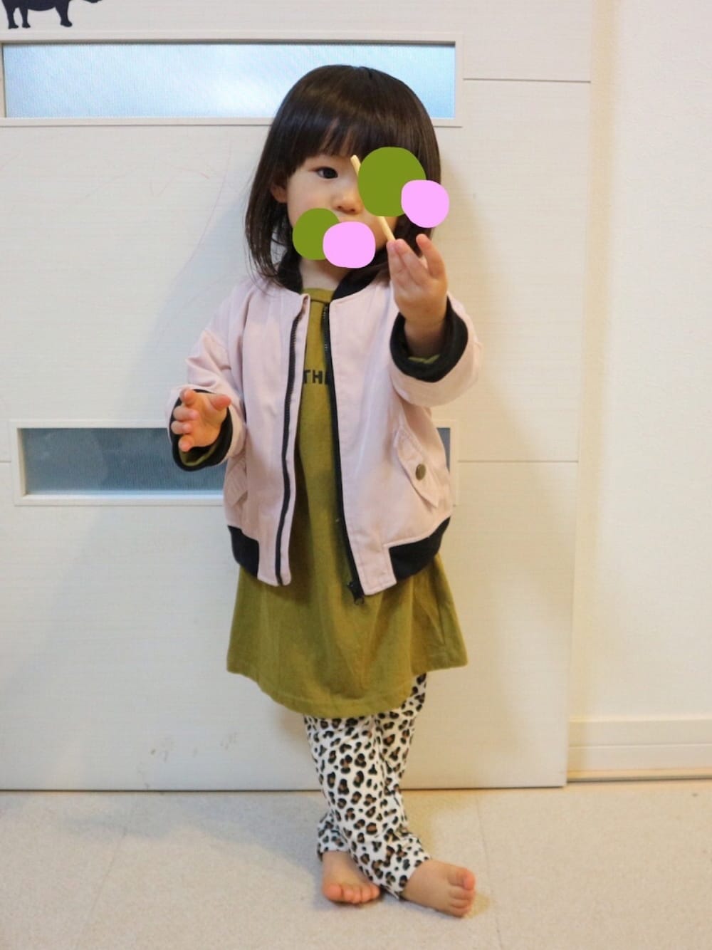 「桜もちコーデフェス、2歳、2歳3ヶ月、ピンク、グリーン、春コーデ」｜「Birthdayのアイテム（ブルゾン、ピンク系）」を使った、aob373728さん（キッズ・90cm）の春コーディネートの1枚目の写真