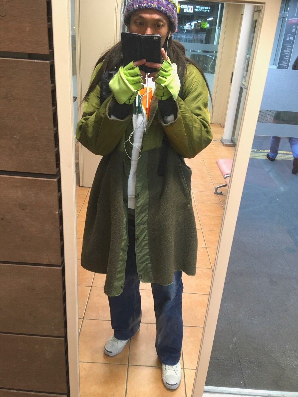 「みどり、グリーン、green、リメイク、アメカジ」｜「POLO RALPH LAURENのアイテム（デニムパンツ、ブルー系）」を使った、Ransei さん（メンズ・181cm）の冬コーディネートの1枚目の写真