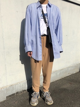 「MR.GENTLEMAN（ミスタージェントルマン）のアイテム（スラックス）」を使った、にしやんさん（メンズ・175cm）の春コーディネート