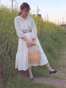 「Green　Parks（グリーンパークス）の・ドット前開きブラウス（シャツ/ブラウス、ホワイト系）」を使った、momokaさん（レディース・158cm）の春コーディネート