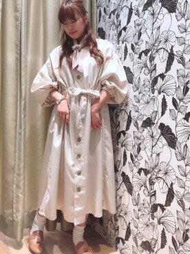 「Green　Parks（グリーンパークス）の・ボリュ-ムスリ-ブ前ボタンカラ-ワンピース（ワンピース、ホワイト系）」を使った、momokaさん（レディース・158cm）の春コーディネート