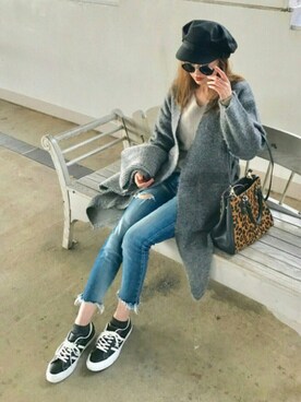 「Ungrid（アングリッド）のフレイドヘムストスリ（デニムパンツ）」を使った、Creamさん（レディース・158cm）の冬コーディネート