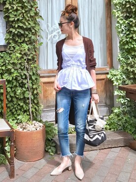 「FABIO RUSCONI（ファビオルスコーニ）の【FABIO RUSCONI】ポインテッドトウチャンキーヒールパンプス (F71102)（パンプス）」を使った、Creamさん（レディース・158cm）の夏コーディネート