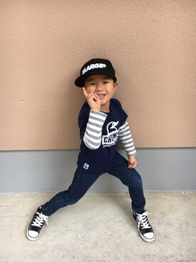 「CHUMS（チャムス）のアイテム（Tシャツ/カットソー）」を使った、まいぽんさん（キッズ・80cm）の春コーディネート
