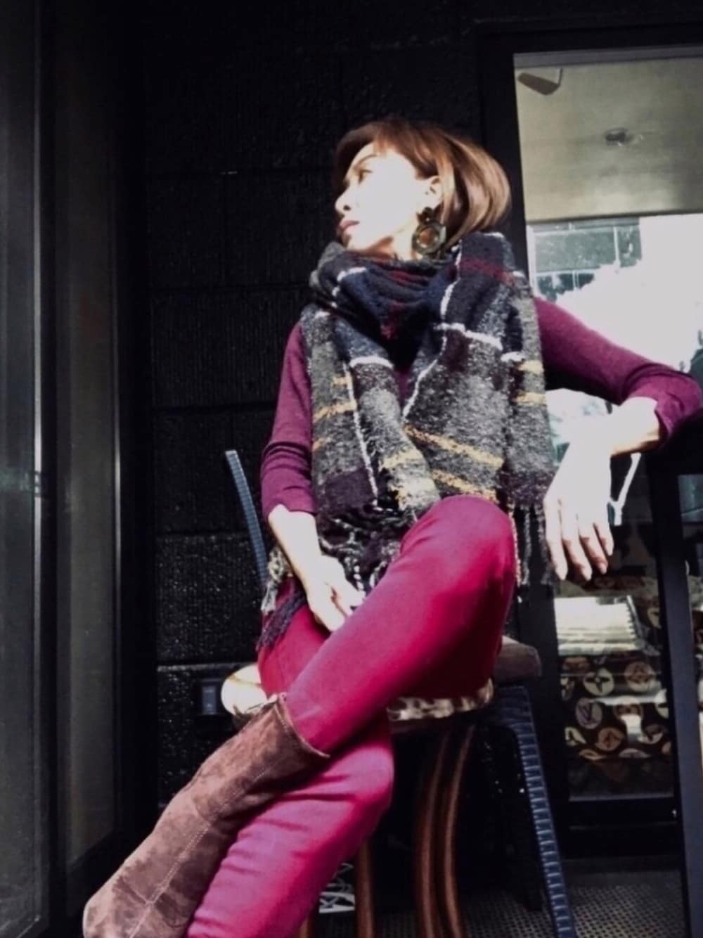 「チェック、ストール、シンプル、ボルドー、低身長、アキコーデ、レオパードらぶフェス、barbour」｜「MAISON DE REEFURのアイテム（ピアス（両耳用）、グリーン系）」を使った、mt1874さん（レディース・150cm）の秋コーディネートの1枚目の写真