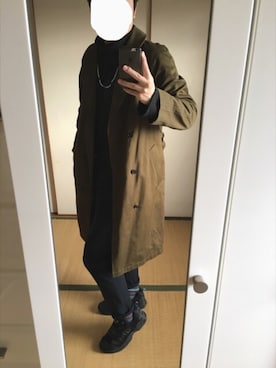 「カーキアウター」｜「アイテム（トレンチコート）」を使った、でぶりさん（メンズ・174cm）の冬コーディネート