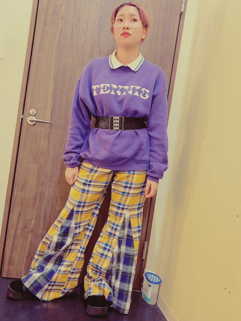 「古着、古着女子、おしゃれさんと繋がりたい、古着好きな人と繋がりたい、刈り上げ、低身長、プチプラ、いいね返し、いいね、save、フォローお願いします🤑」｜「USEDのアイテム（トップス、パープル系）」を使った、ぴかるんさん（レディース・150cm）の春コーディネートの1枚目の写真