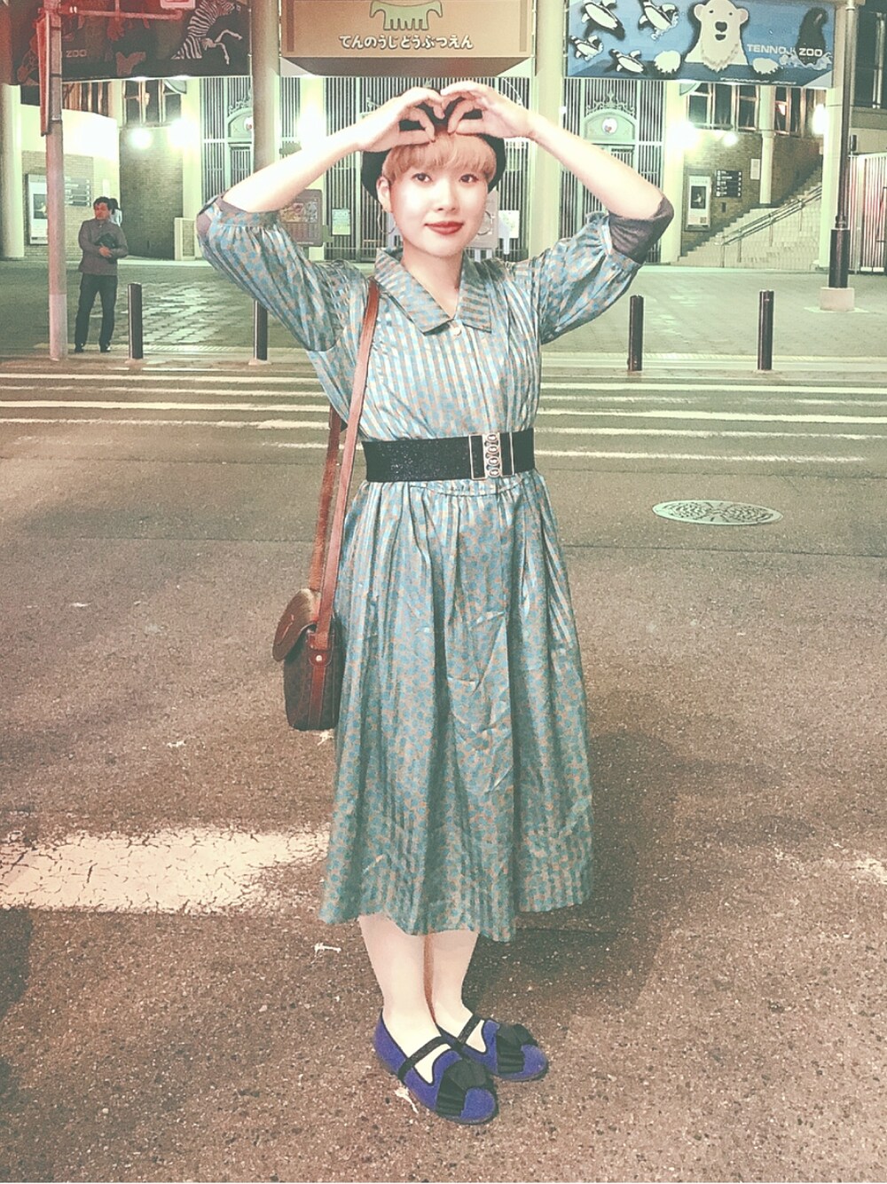 「ワンピース、80s、おしゃれさんと繋がりたい、プチプラコーデ、低身長コーデ、オトナ女子、古着」｜「USEDのアイテム（ワンピース/ドレス、グリーン系）」を使った、ぴかるんさん（レディース・150cm）の春コーディネートの1枚目の写真