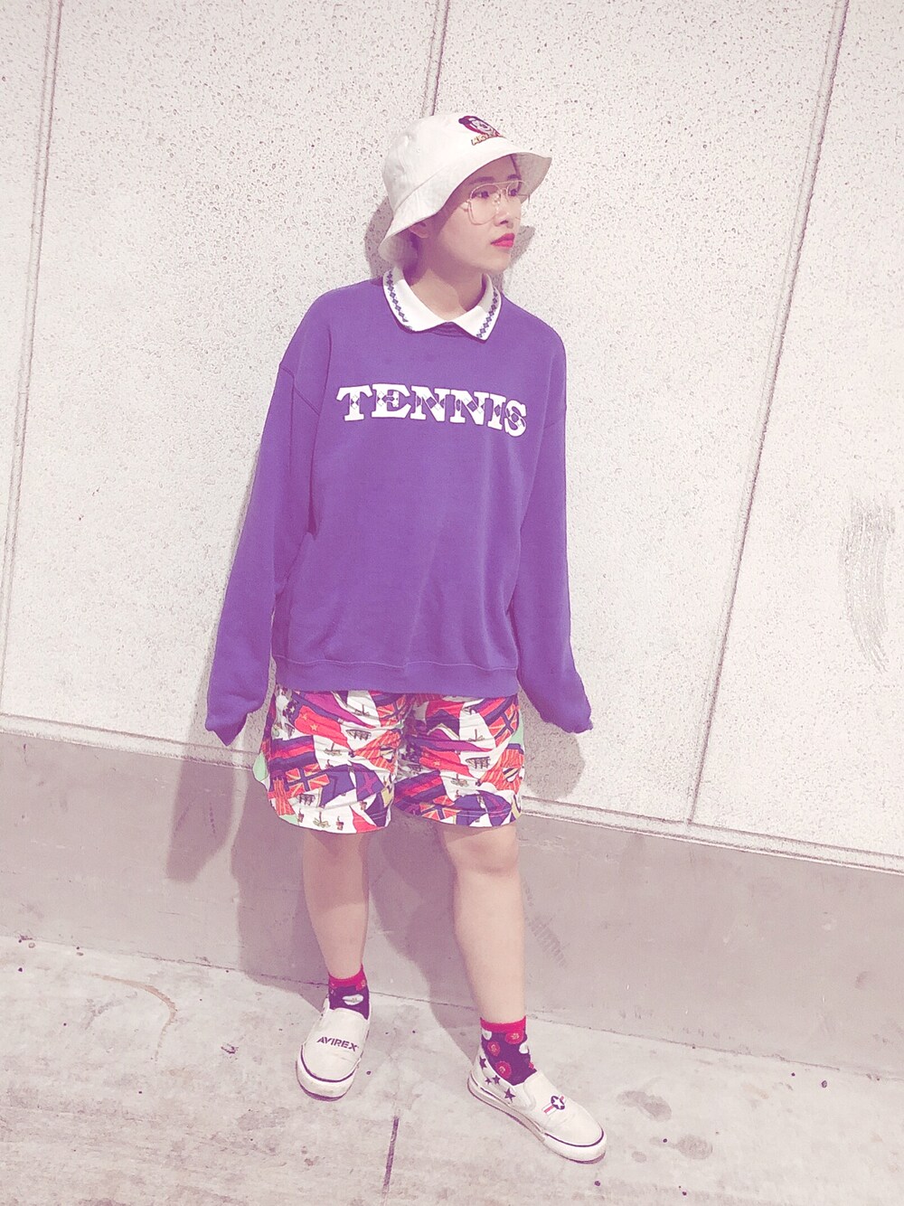「プチプラコーデ、低身長コーデ、おしゃれさんと繋がりたい、今日のコーデ、ゆるコーデ、古着、ボーイッシュ」｜「USEDのアイテム（スウェット、パープル系）」を使った、ぴかるんさん（レディース・150cm）の春コーディネートの1枚目の写真