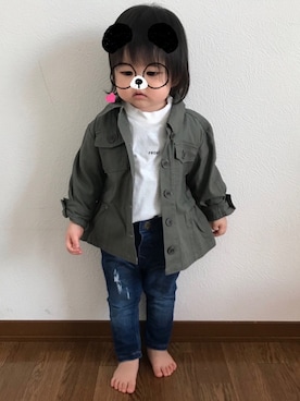 「petit main（プティマイン）のアイテム（ミリタリージャケット）」を使った、coco☺︎さん（キッズ・80cm）の冬コーディネート