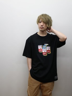 「no brand（ノーブランド）のBLOOD PAINT ANKLE CHINO（チノパンツ、ベージュ系）」を使った、KYOさん（メンズ・160cm）の夏コーディネート