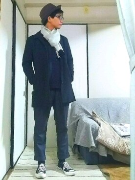 「アイテム（マフラー、ホワイト系）」を使った、ponさん（メンズ・166cm）の冬コーディネート