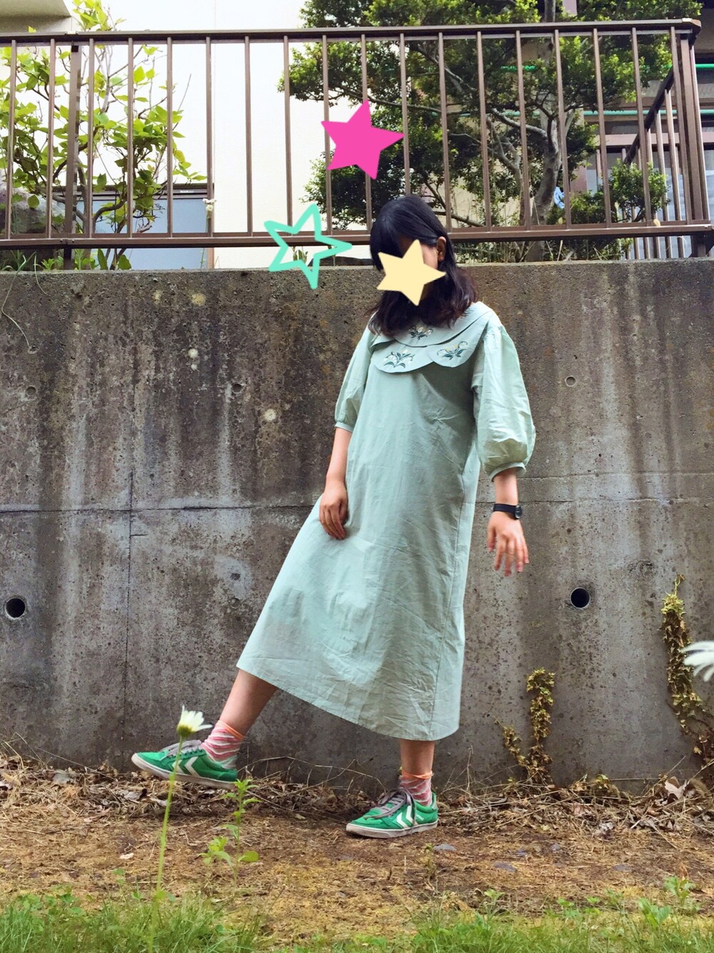 「ワンピース、黄緑、モーニング娘。'17」｜「MERLOTのアイテム（ワンピース、グリーン系）」を使った、にむさん（レディース・158cm）の春コーディネートの1枚目の写真