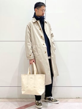 「coen（コーエン）のアイテム（ステンカラーコート）」を使った、つかさん（メンズ・177cm）の冬コーディネート