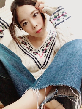 「POLO RALPH LAUREN（ポロ ラルフ ローレン）のアイテム（ニット/セーター、ホワイト系）」を使った、おはるさん（149cm）の春コーディネート