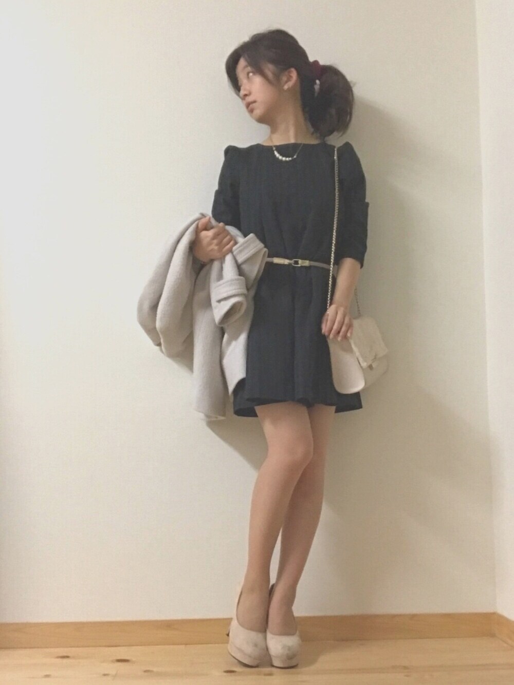 「ootd、outfit、ダズリン、アプワイザーリッシェ、リランドチュール、上品かわいい、littlelady」｜「dazzlinの【dazzlin】ﾁｪｯｸAﾗｲﾝ7分袖ﾜﾝﾋﾟｰｽ（ワンピース、グリーン系）」を使った、Little lady えりいさん（レディース・149cm）の冬コーディネートの1枚目の写真