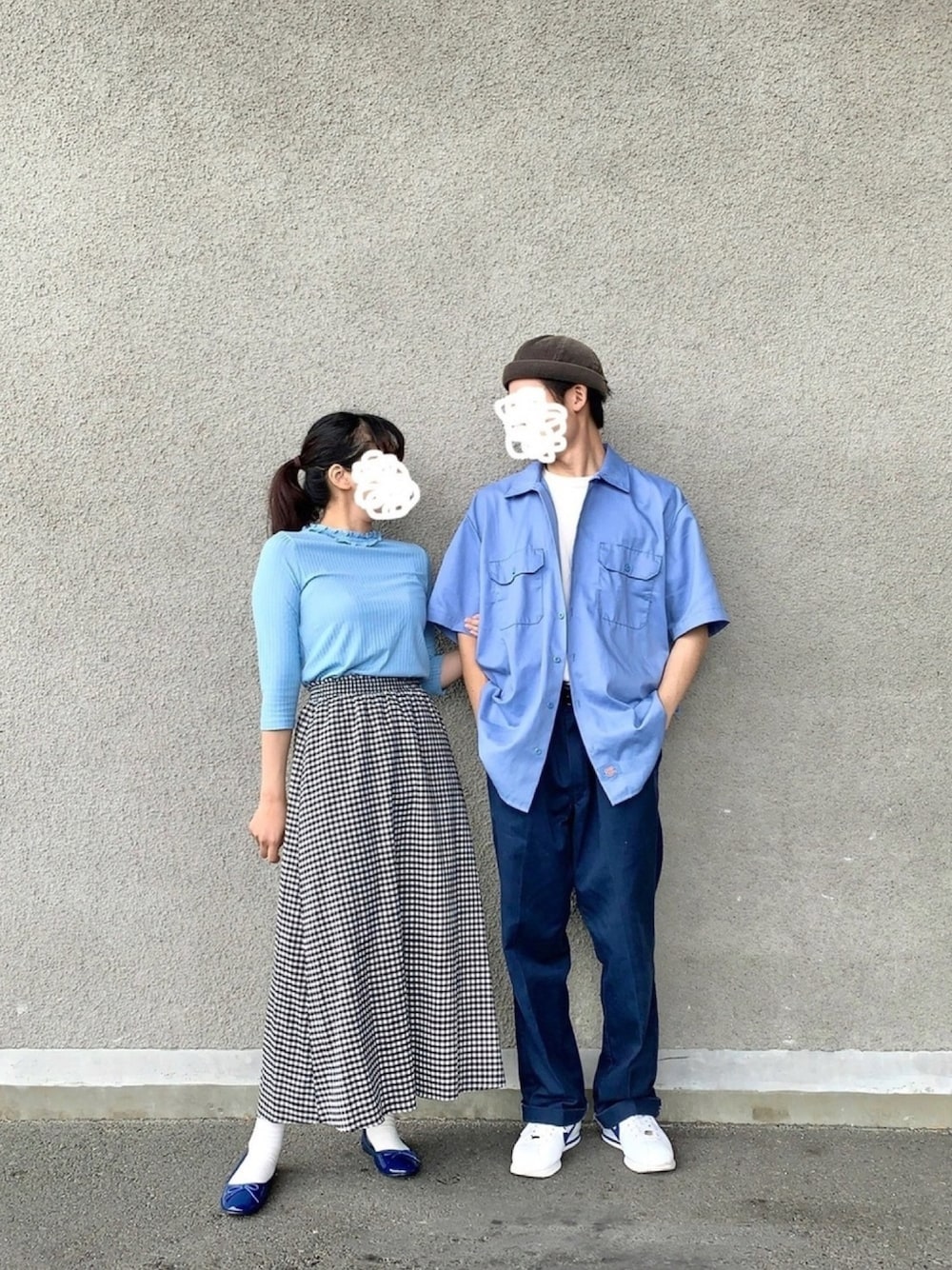 「シミラールック、カップルコーデ、リンクコーデ、ブルー、ジーユー、バレエシューズ、ディッキーズ(Dickies)、コルテッツ、ワークシャツ、プチプラ」｜「DickiesのDickies / ディッキーズ 1574 ショートスリーブ ワークシャツ / S/S WORK SHIRT Air Tokyoセレクト（シャツ/ブラウス、ブルー系）」を使った、実さん（レディース・158cm）の夏コーディネートの1枚目の写真