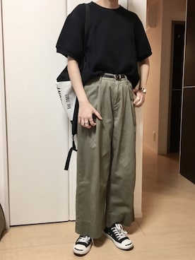「UNIQLO（ユニクロ）のワッフルクルーネックT（5分袖）（Tシャツ/カットソー）」を使った、c h Rさん（レディース・159cm）の春コーディネート