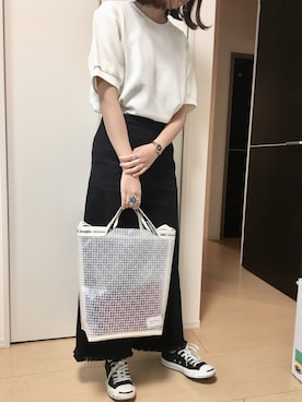 「UNIQLO（ユニクロ）のワッフルクルーネックT（5分袖）（Tシャツ/カットソー）」を使った、c h Rさん（レディース・159cm）の春コーディネート