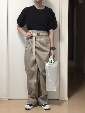 「UNIQLO（ユニクロ）のワッフルクルーネックT（5分袖）（Tシャツ/カットソー）」を使った、c h Rさん（レディース・159cm）の春コーディネート