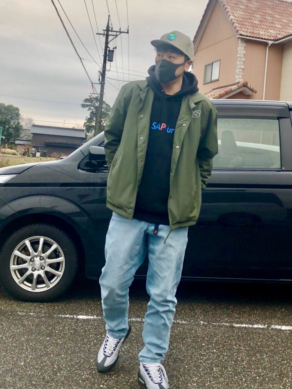 「Call Me 917のアイテム（キャップ、ベージュ系）」を使った、5510さん（メンズ・179cm）の冬コーディネートの1枚目の写真