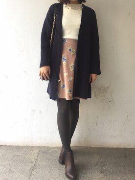 「BE RADIANCE（ビーラディエンス）のフラワービジューリブニット（ニット/セーター、ホワイト系）」を使った、tohanさん（レディース・161cm）の春コーディネート