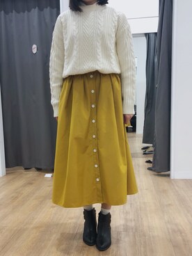 「UNIQLO（ユニクロ）のケーブルロングセーター（長袖）（ニット/セーター、ホワイト系）」を使った、tohanさん（レディース・161cm）の秋コーディネート