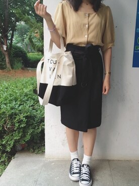 「COCO DEAL（ココディール）のアイテム（スカート、ブラック系）」を使った、tohanさん（レディース・161cm）の夏コーディネート