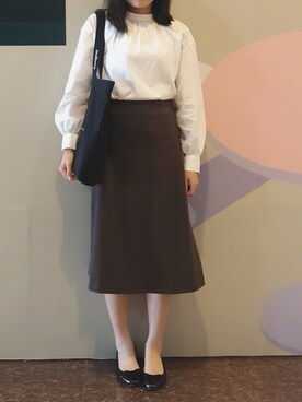 「UNIQLO（ユニクロ）のジャカードフレアミディスカート（スカート、ブラウン系）」を使った、tohanさん（レディース・161cm）の秋コーディネート