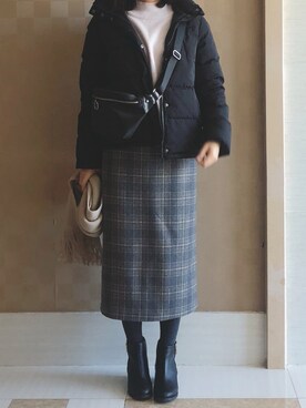 「GU（ジーユー）のアイテム（ダウンジャケット/コート、ブラック系）」を使った、tohanさん（レディース・161cm）の冬コーディネート
