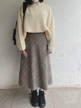 「ROPE' PICNIC（ロペピクニック）のプレミアムフィールモールチェックロングスカート（スカート、グレー系）」を使った、tohanさん（レディース・161cm）の春コーディネート