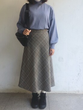 「ROPE' PICNIC（ロペピクニック）のプレミアムフィールモールチェックロングスカート（スカート、グレー系）」を使った、tohanさん（レディース・161cm）の春コーディネート